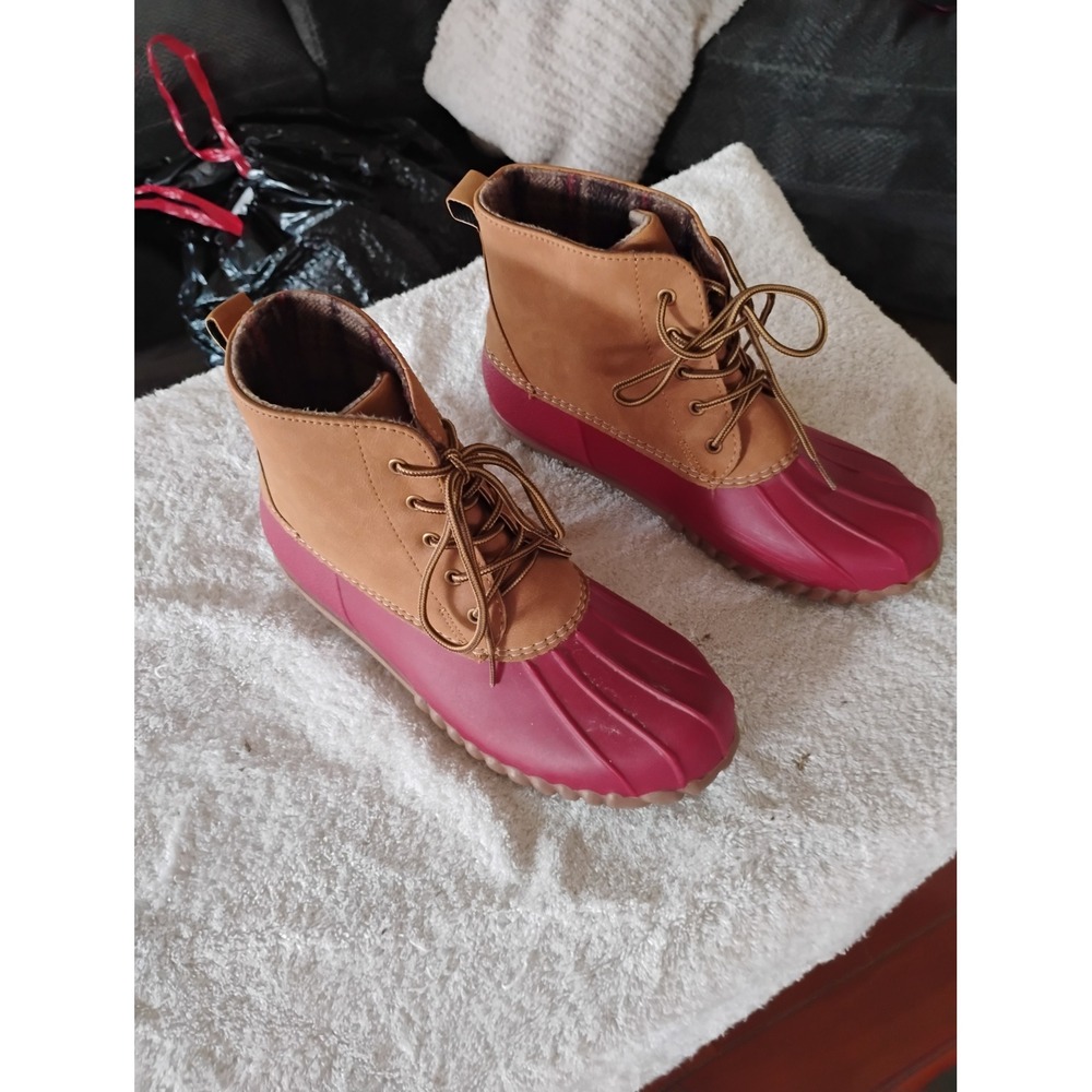 Henry Ferrera Burgundy Tan Duck Boots Ankle Rain Snow Plaid Lined Womens 6